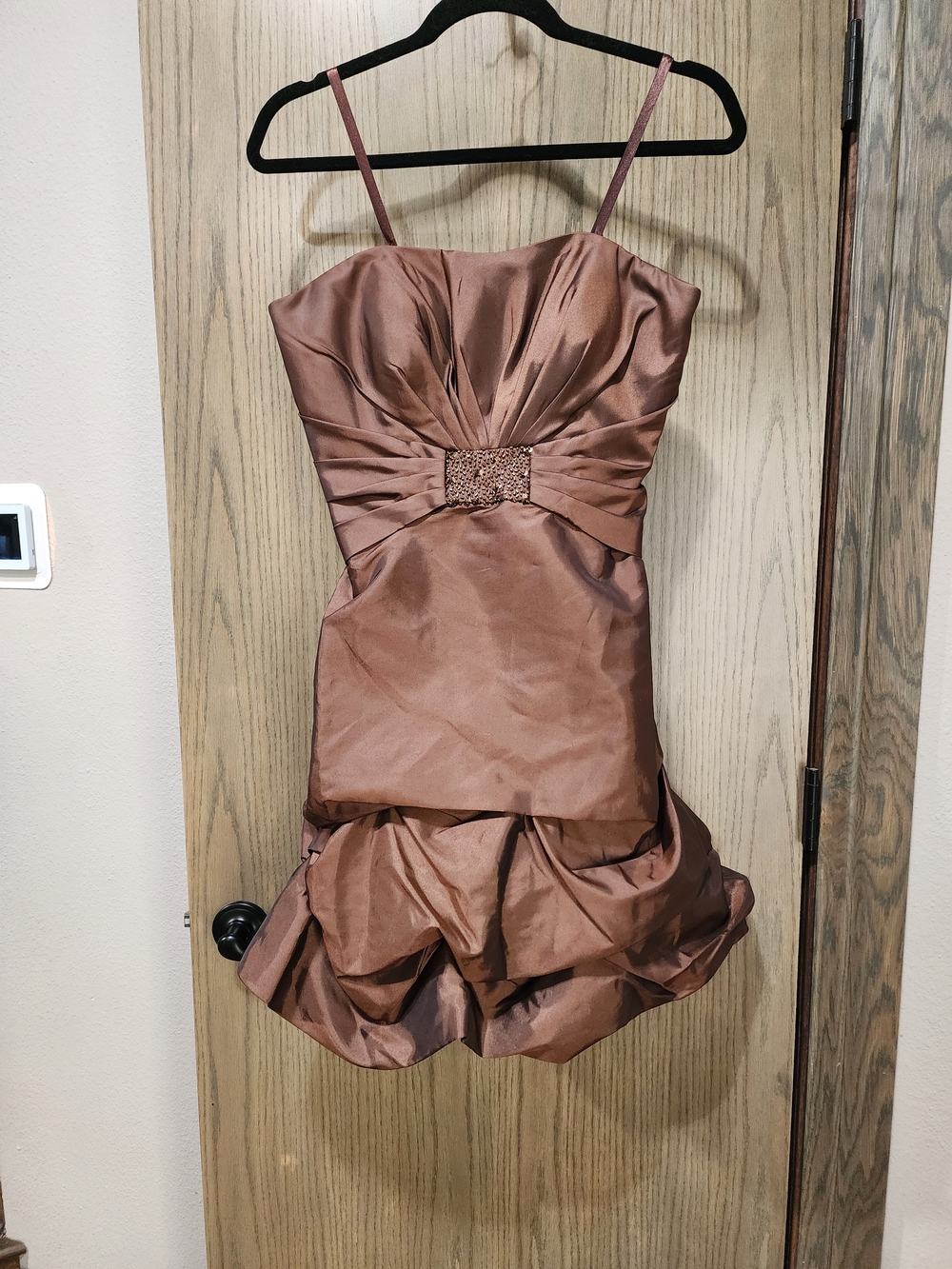 Mori Lee Copper/Bronze Satin Strapless Mini Dress